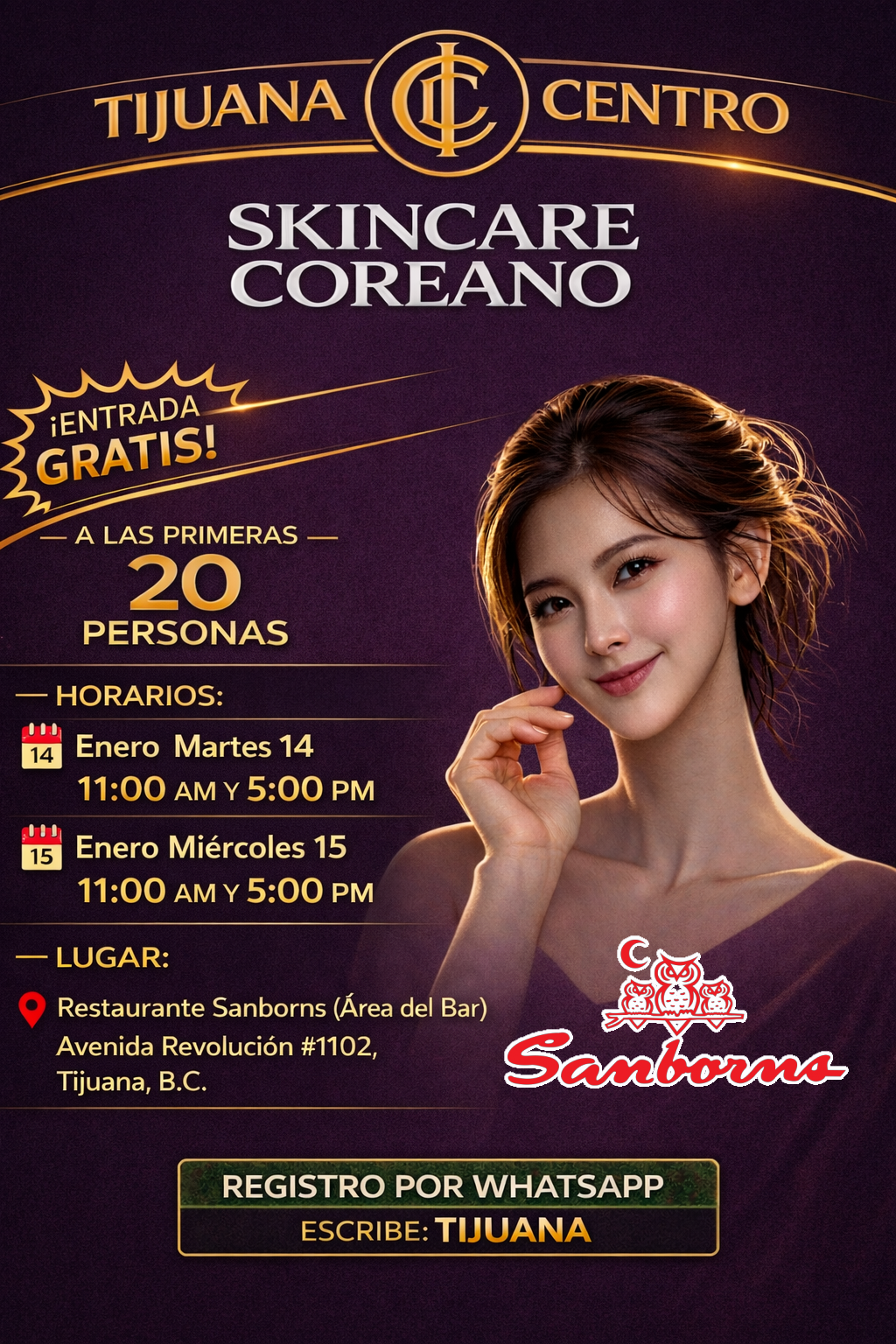 Skincare Coreano GRATIS — Tijuana Centro — Sanborns (Área del Bar) — 14 y 15 de enero
